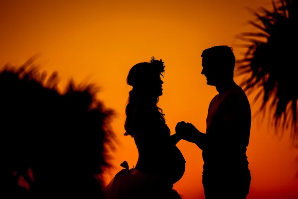 Pareja esperando bebé cogido de la mano durante el atardecer — Foto de Stock