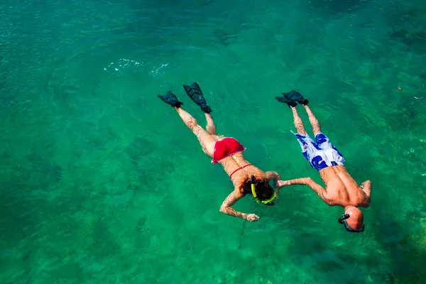 Pareja haciendo snorkel en agua limpia sobre arrecife de coral — Foto de Stock