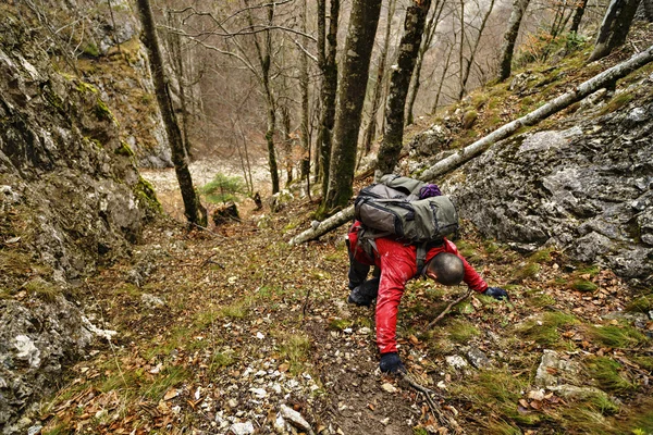 Fehér férfi hátizsákkal túrázás a hegyekbe — Stock Fotó