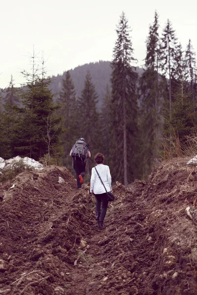 女と男を森林に覆われた山のトレッキングします。 — ストック写真
