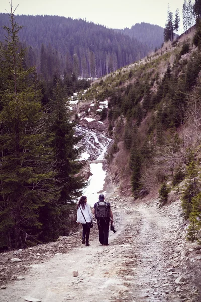 A woman and a man are trekking in the forested mountain — Stock Photo, Image