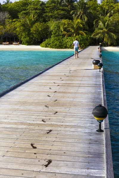 jetty to a little tropical island in the turquoise indian ocean, maldives, way to a travel destination