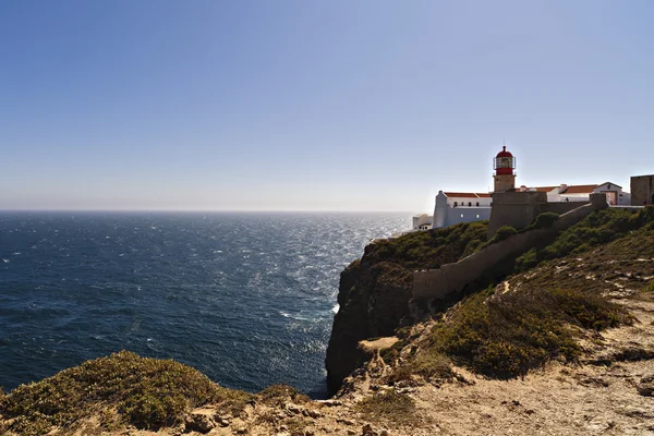 Lighthouse on top of cliff at Cabo Sao Vicente, Algarve region, — Stock Photo, Image