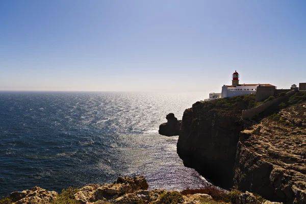 Lighthouse on top of cliff at Cabo Sao Vicente, Algarve region, — Stock Photo, Image