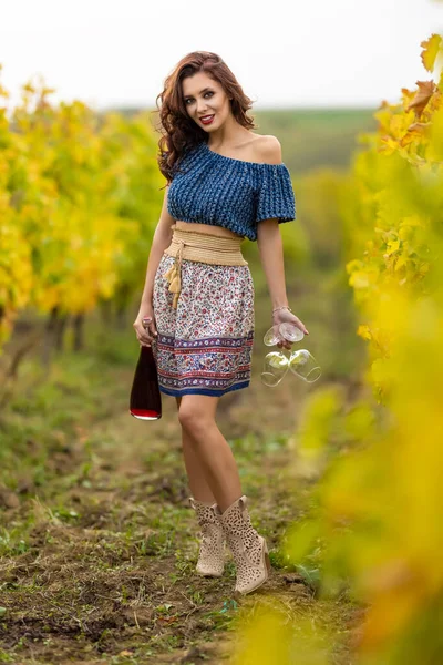 Eine Schöne Frau Mit Zwei Gläsern Und Einer Flasche Rotwein — Stockfoto