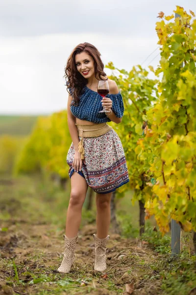 Beautiful Woman Glass Red Wine Vineyard Autumn Day — Stock Photo, Image