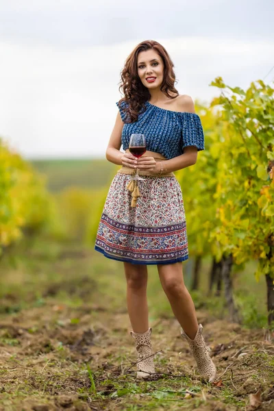 Eine Schöne Frau Mit Einem Glas Rotwein Weinberg Einem Herbsttag — Stockfoto