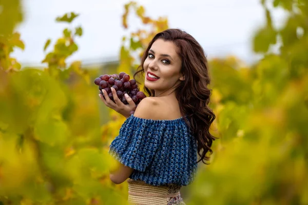 Schöne Frau Mit Trauben Der Hand Weinberg — Stockfoto