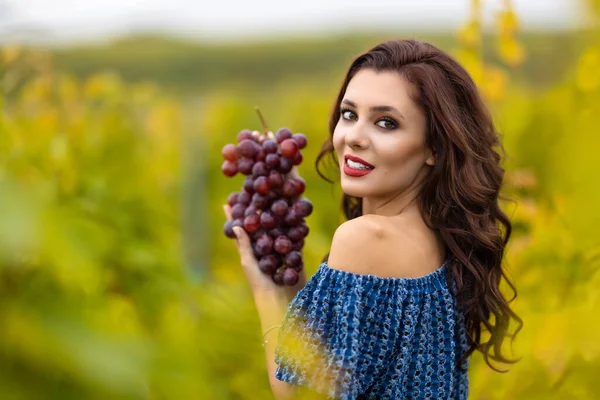 Schöne Frau Mit Trauben Der Hand Weinberg — Stockfoto