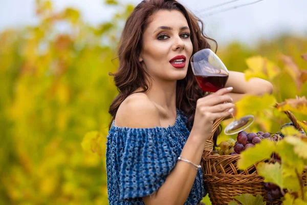 Una Bella Donna Con Bicchiere Vino Rosso Vigna Nella Giornata — Foto Stock