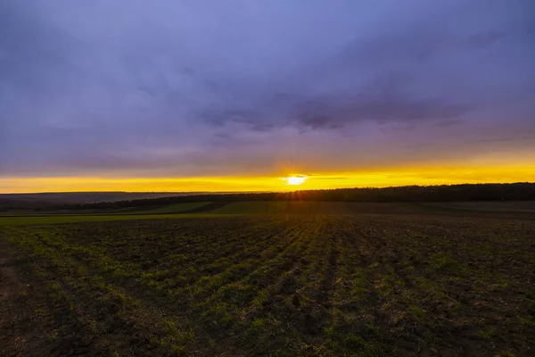 Paysage Avec Coucher Soleil Sur Champ Agricole Automne — Photo