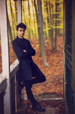 Sonbahar ormanında yakışıklı bir genç adamla portre, moda konsepti..