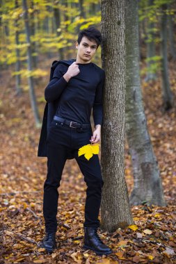 Sonbahar ormanında yakışıklı bir genç adamla portre, moda konsepti..