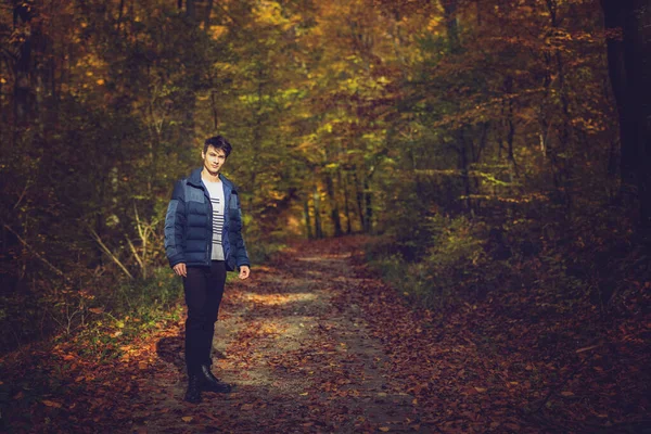 Portrait Handsome Young Man Autumn Forest Fashion Concept — Stock Photo, Image