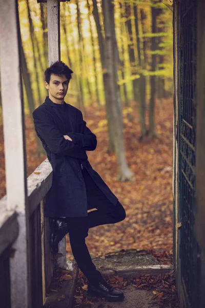 Sonbahar ormanında yakışıklı bir genç adamla portre, moda konsepti..