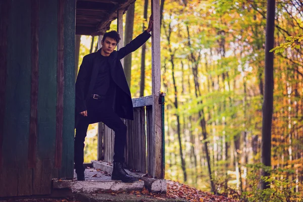 Portrait Handsome Young Man Autumn Forest Fashion Concept — Stock Photo, Image