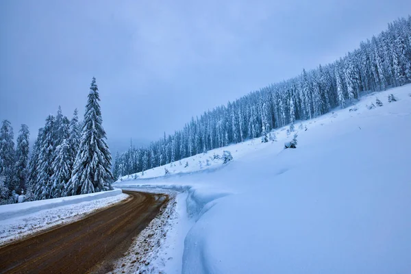 Kışın Boş Bir Dağ Yolu Olan Manzara — Stok fotoğraf