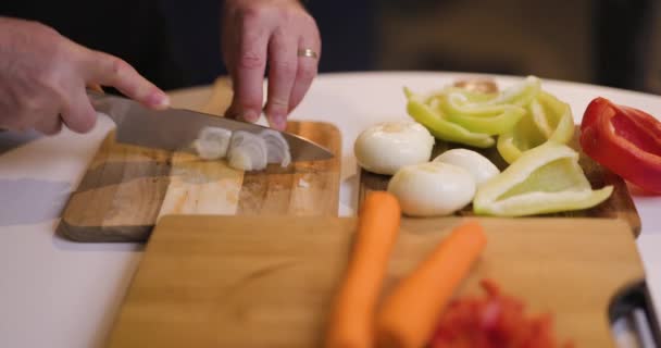 Male Chef Chopping Vegetables Wooden Chopper — Stock Video