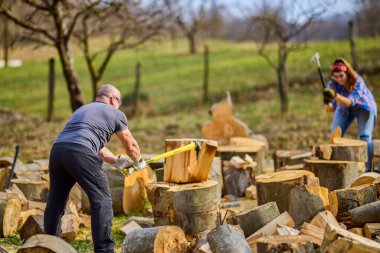Bir adam ve bir kadın kayın ağacını kırıyor..