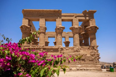 Edfu, ASWAN, EGYPT - 24 Nisan 2021: Isis Gölü, Nasser Gölü 'nde Isis Tapınağı, Isis, Horus ve firavunun basları.