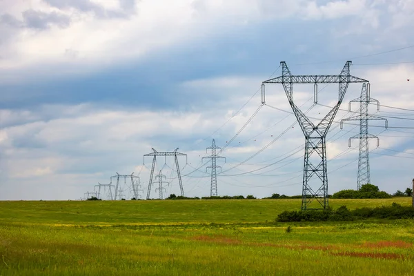 Postes Eléctricos Alto Voltaje Campo Con Flores Primavera — Foto de Stock