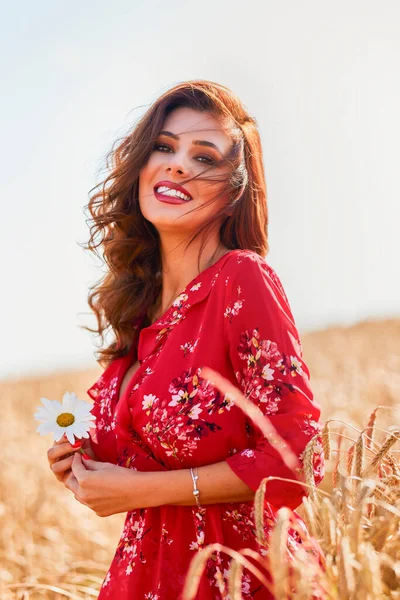 Eine Schöne Frau Einem Weizenfeld Einem Sonnigen Sommertag — Stockfoto