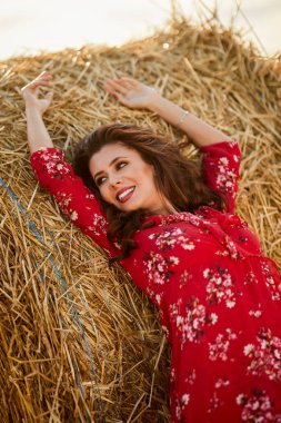 Yaz tarlasında gün batımında samanlıkların yanında çiçeklerle süslenmiş uzun saçlı güzel bir kadının portresi..