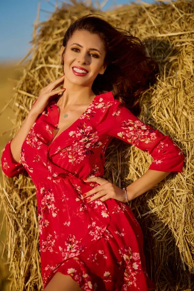 美しい若い女性の肖像画で長い髪の花のドレスで夏のフィールドの近くの干し草の山日没 — ストック写真