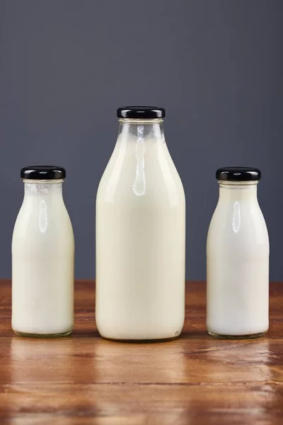 various dairy products in glass jars, organic products.