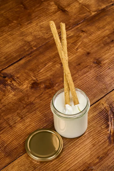 Diverse Zuivelproducten Glazen Potten Biologische Producten — Stockfoto