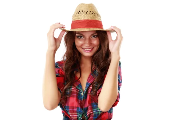 Ritratto di una bella donna cowgirl su sfondo bianco — Foto Stock