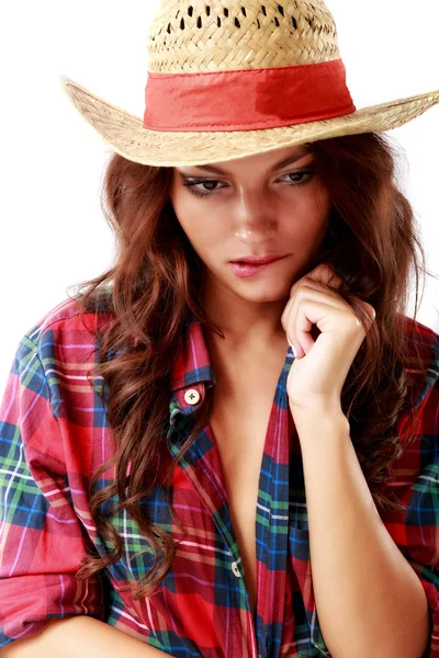 Retrato de uma bela mulher cowgirl no fundo branco — Fotografia de Stock