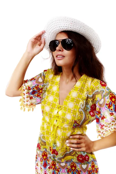 Beautiful brunette female in summer dress over white background — Stock Photo, Image