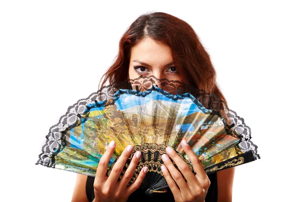 Spanish woman with a fan and black dress — Stock Photo, Image