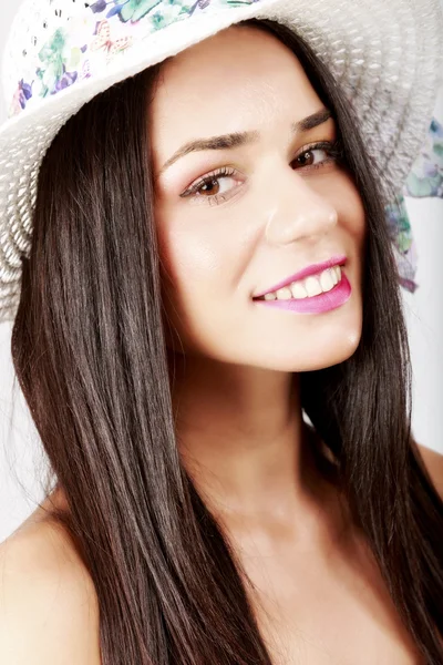 Young beautiful caucasian brunette posing on white — Stock Photo, Image