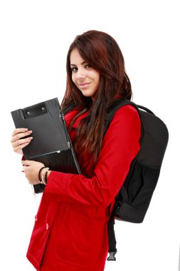 Genç öğrenci okula beyaz zemin üzerine izole