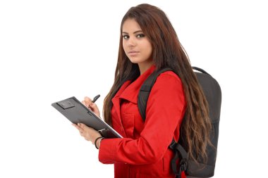 Genç öğrenci okula beyaz zemin üzerine izole