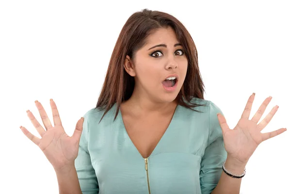 Close-up portrait of surprised beautiful girl holding her head i — Stock Photo, Image