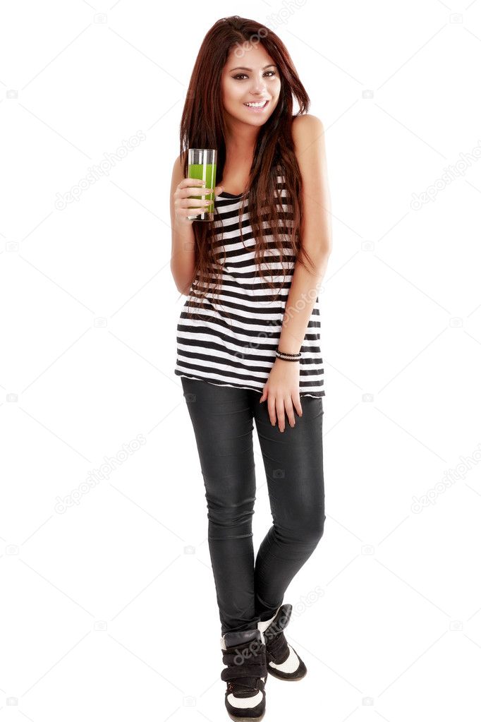 Young woman presenting a glass a natural drink isolated on white
