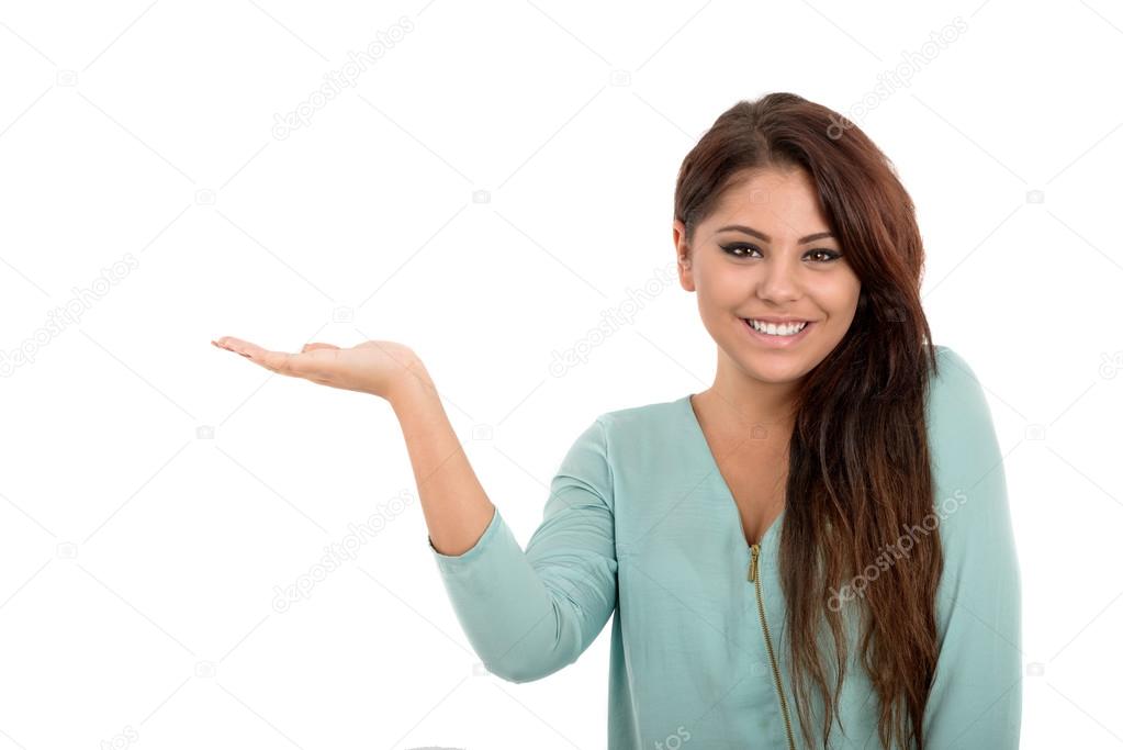 Woman Showing Your Product isolated on white.