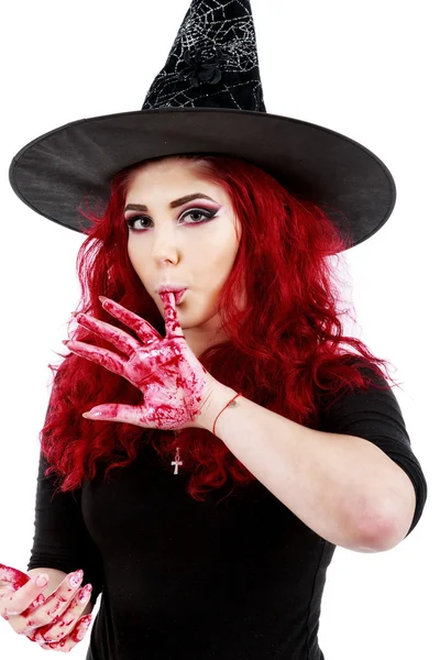 Redhead witch blood on hands — Stock Photo, Image