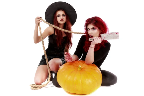 Two redheads women with bloody hands halloween scene — Stock Photo, Image