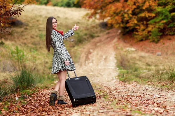 Schönes Mädchen wartet mit ihrem Koffer auf einer Landstraße. — Stockfoto