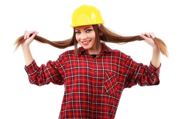 Young female architect or builder wearing a yellow hart hat on a — Stock Photo, Image