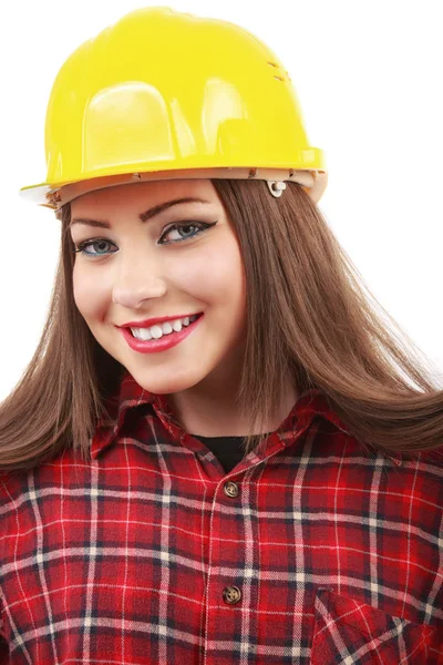 年轻的女建筑师或生成器戴着黄色哈特帽子 — 图库照片