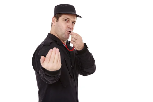 Güvenlik görevlisi üzerinde beyaz izole trafiğini yönlendirir