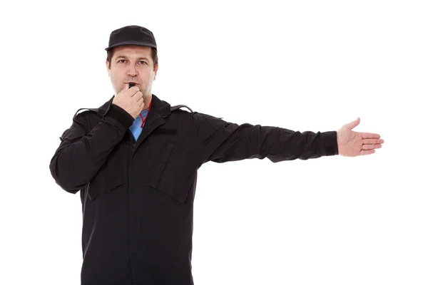 Güvenlik görevlisi üzerinde beyaz izole trafiğini yönlendirir