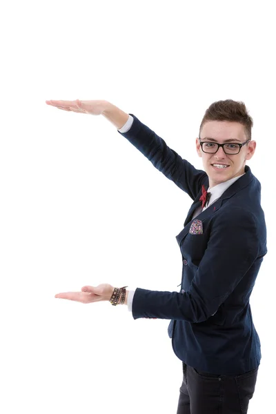 Happy business man presenting and showing with copy space for yo — Stock Photo, Image