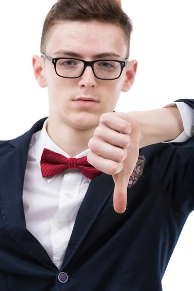 Close-up of a disappointed young business man showing thumb down — Stock Photo, Image