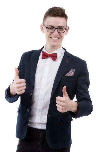 Portrait of happy smiling businessman with thumbs up gesture — Stock Photo, Image